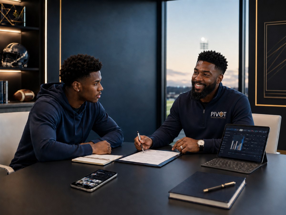 A Pivot advisor reviewing an NIL agreement with a young athlete in an office