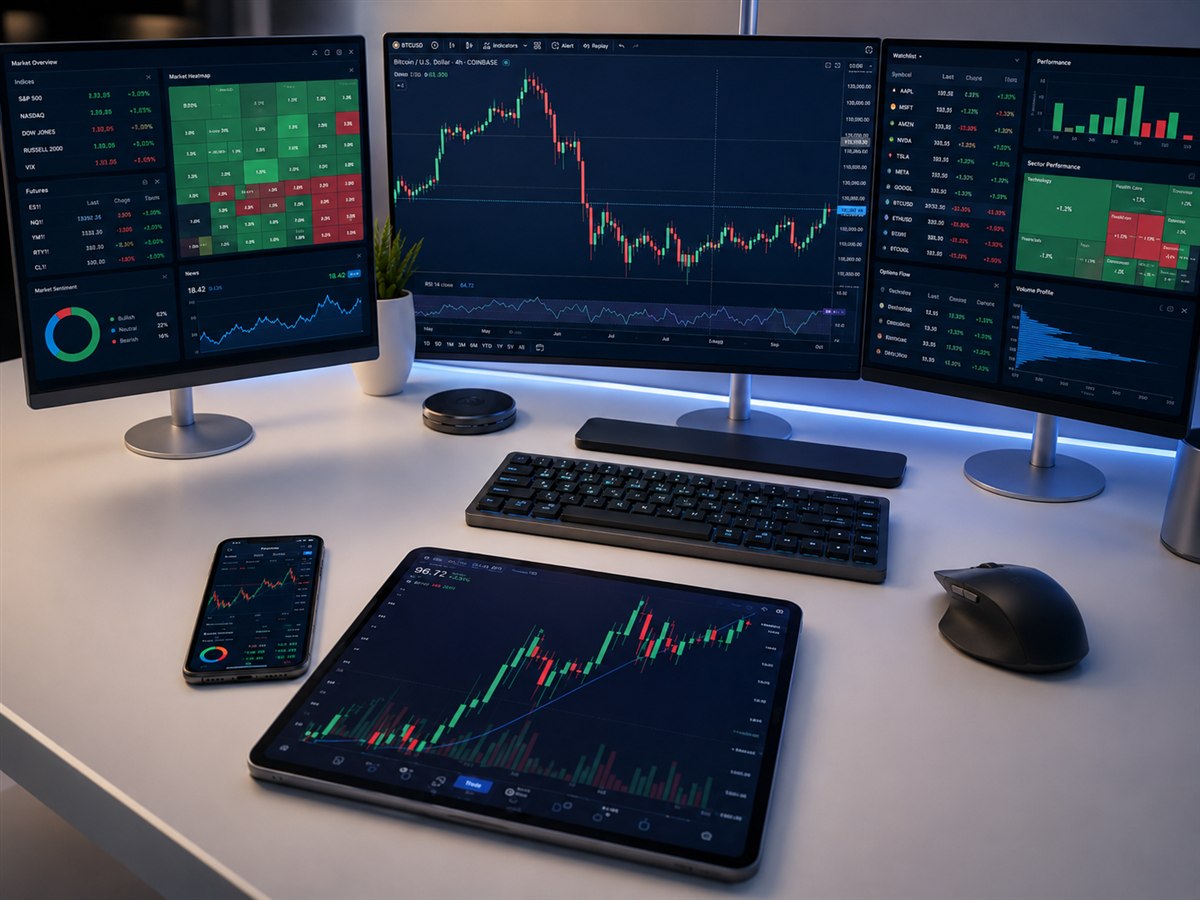A multi-screen trading desk with live financial charts and data